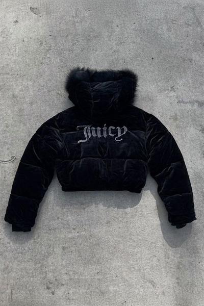 Siyah Juicy Peluş Kapüşonlu Şişme Crop Mont