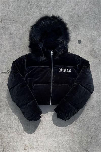 Siyah Juicy Peluş Kapüşonlu Şişme Crop Mont