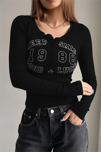 Siyah Keep Smile Düğmeli Street Y2K Uzun Kollu Crop