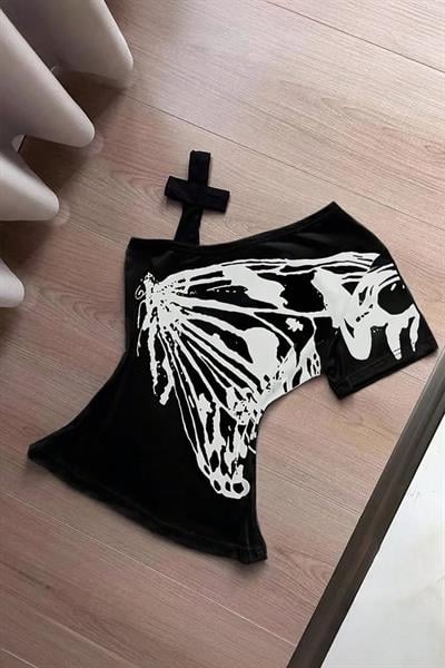 Siyah Kelebek Kanatlı Askılı Grunge Y2K Kısa Kollu Crop