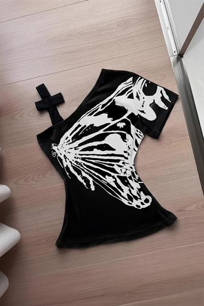 Siyah Kelebek Kanatlı Askılı Grunge Y2K Kısa Kollu Crop