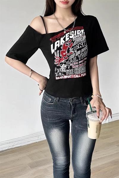 Siyah Lakeside Omuz Dekolteli Askılı Y2K Kısa Kollu Crop