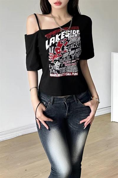 Siyah Lakeside Omuz Dekolteli Askılı Y2K Kısa Kollu Crop