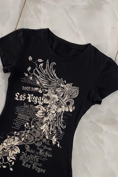 Siyah Las Vegas Rebels Grunge Y2K Kısa Kollu Crop