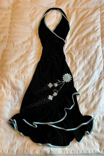 Siyah Mandarin Yaka Lotus Çiçeği Nakışlı Şerit Detaylı Y2K Elbise