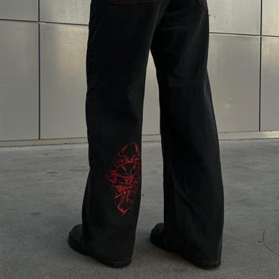 Siyah Nakışlı Retro Gothpunk Rock Bol Paça Pantolon