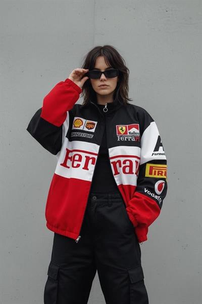 Siyah Parçalı Ferrari F1 Retro Paraşüt Bomber Y2K Unisex Ceket