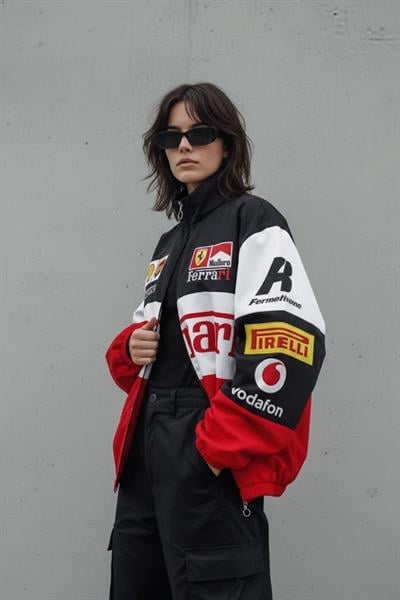 Siyah Parçalı Ferrari F1 Retro Paraşüt Bomber Y2K Unisex Ceket