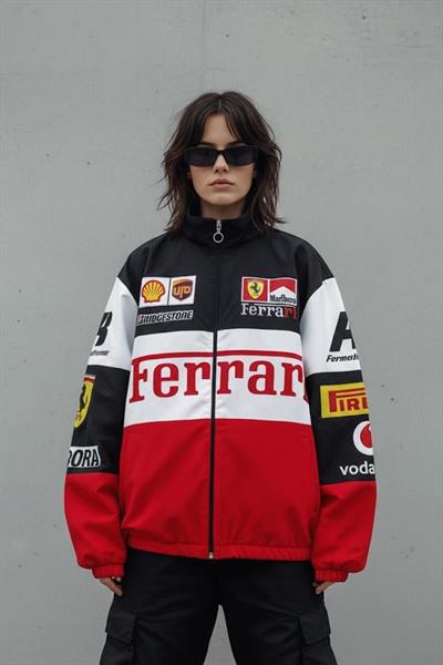 Siyah Parçalı Ferrari F1 Retro Paraşüt Bomber Y2K Unisex Ceket