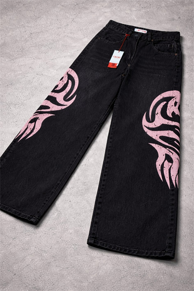 Siyah Pembe Tribal Baskılı Y2K Unisex Baggy Pantolon