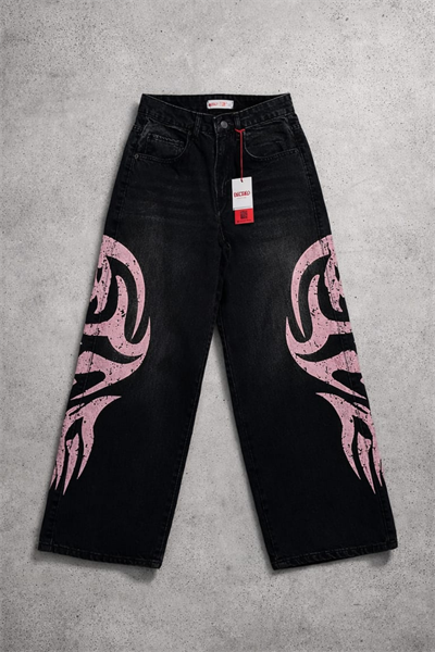 Siyah Pembe Tribal Baskılı Y2K Unisex Baggy Pantolon