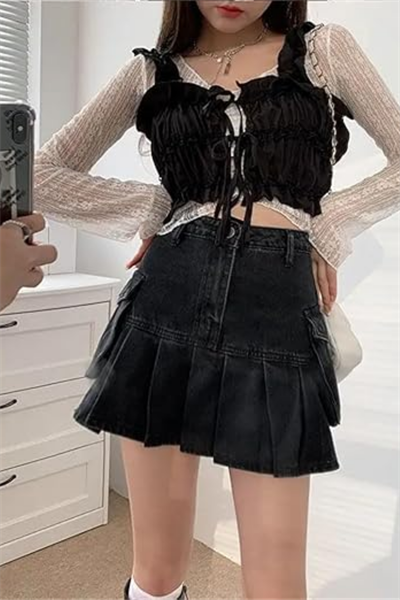 Siyah Pileli Çift Cepli Kot Etek