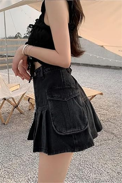 Siyah Pileli Çift Cepli Kot Etek