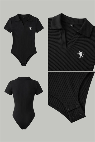 Siyah Polo Yaka Fitilli Likralı Premium Zıbın