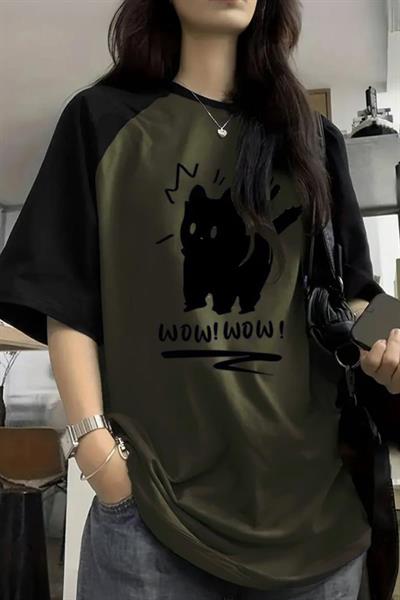 Siyah Raglan Yeşil Wow! Wow! Cat Y2K Unisex T-Sihrt