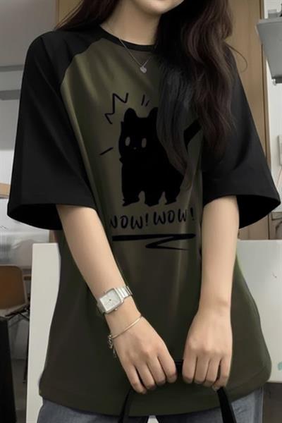 Siyah Raglan Yeşil Wow! Wow! Cat Y2K Unisex T-Sihrt