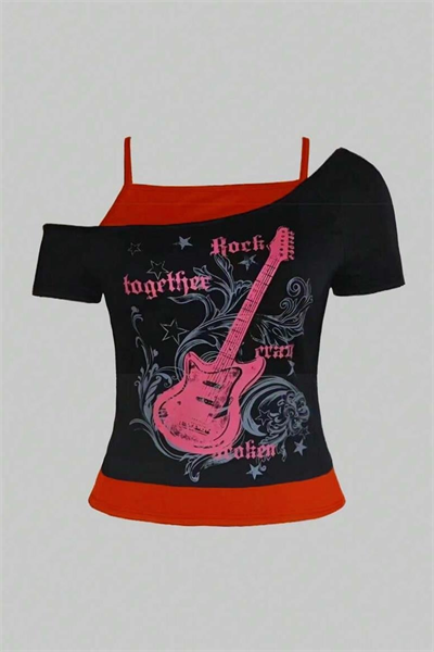 Siyah Rock Together Pink Guitar Ek Askılı Kısa Kollu Gotik Y2K Full Body Crop
