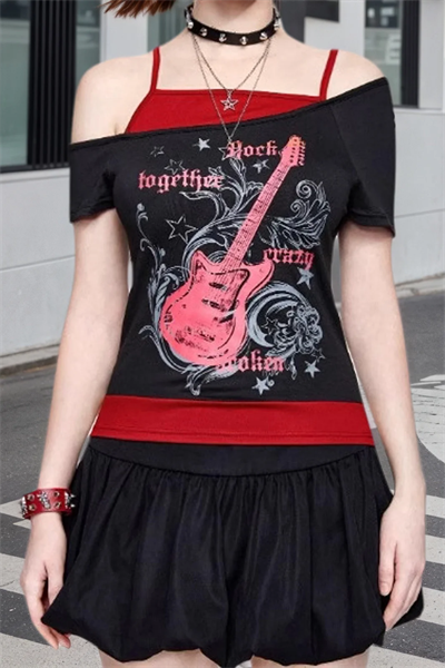 Siyah Rock Together Pink Guitar Ek Askılı Kısa Kollu Gotik Y2K Full Body Crop