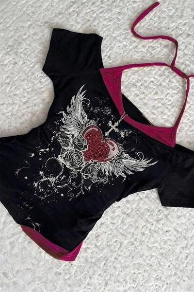 Siyah Rose Red Heart Ek Askılı Gotik Y2K Kısa Kollu Crop