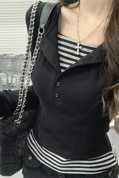 Siyah Şertili Ek Parçalı Düğmeli Y2K Uzun Kollu Crop