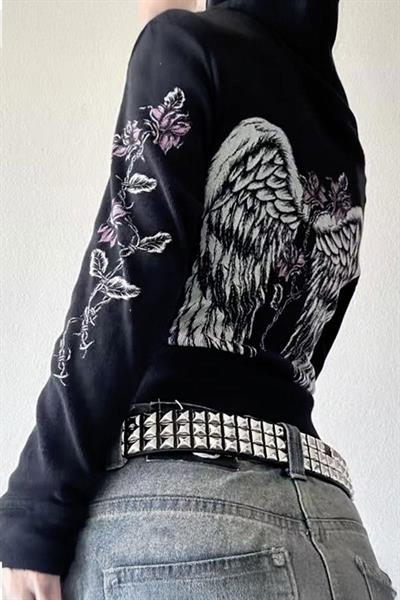 Siyah Sırtı Kanatlı Gotik Flower Detaylı Y2K Crop Hırka
