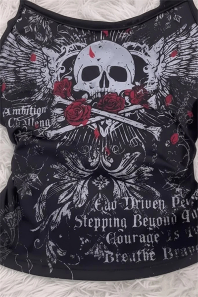 Siyah Skull Ambition Gotik Rose Y2K Askılı Crop