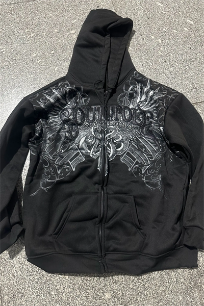 Siyah South Pole Gotik Wing Y2K Unisex Kapüşonlu Hırka