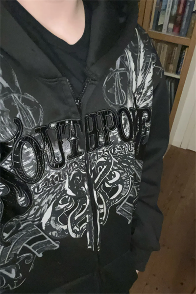 Siyah South Pole Gotik Wing Y2K Unisex Kapüşonlu Hırka