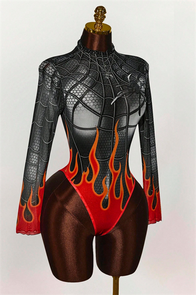 Siyah Spider Flame Baskılı Cosplay Uzun Kollu Çıtçıtlı Body