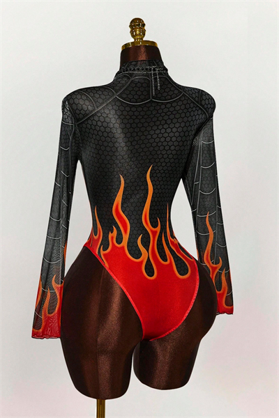 Siyah Spider Flame Baskılı Cosplay Uzun Kollu Çıtçıtlı Body