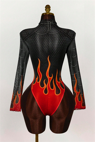 Siyah Spider Flame Baskılı Cosplay Uzun Kollu Çıtçıtlı Body