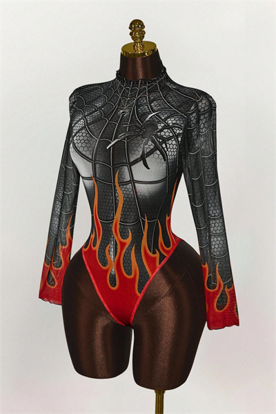 Siyah Spider Flame Baskılı Cosplay Uzun Kollu Çıtçıtlı Body