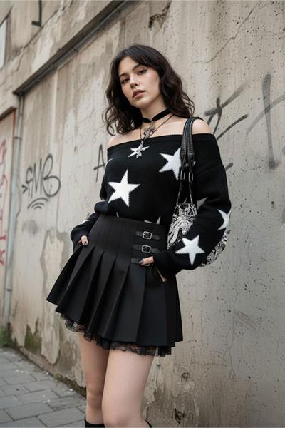 Siyah Stars Askılı Y2K Triko Kazak