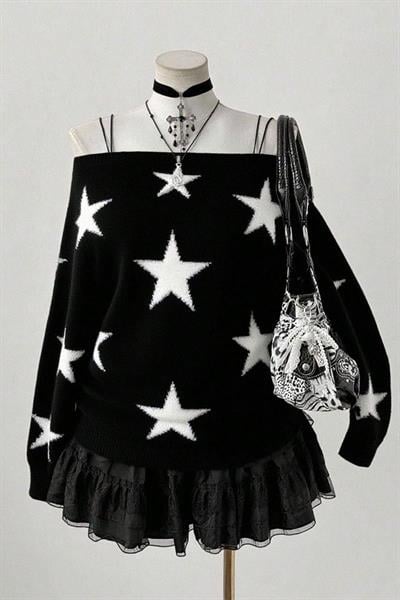 Siyah Stars Askılı Y2K Triko Kazak