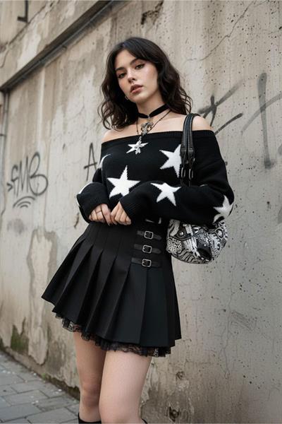 Siyah Stars Askılı Y2K Triko Kazak