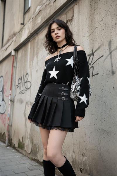 Siyah Stars Askılı Y2K Triko Kazak