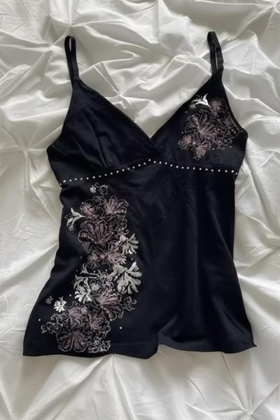 Siyah Taşlı Floral Desenli Vintage Y2K Askılı Crop