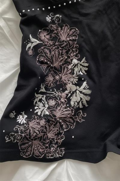 Siyah Taşlı Floral Desenli Vintage Y2K Askılı Crop
