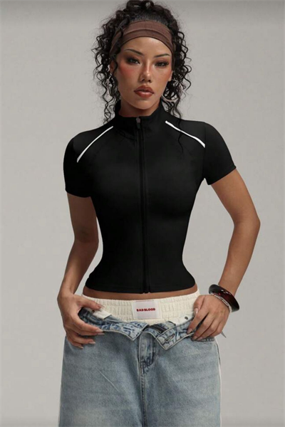 Siyah Tommy Zipper Sports Blouse