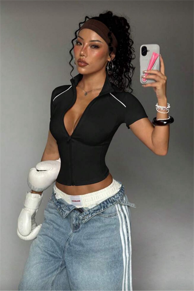Siyah Tommy Zipper Sports Blouse