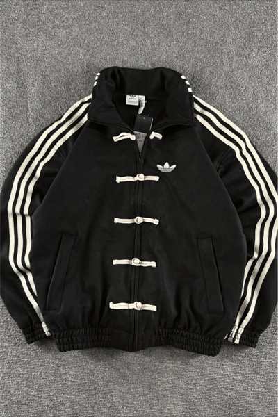 Siyah Üç Şeritli Y2K Unisex Chinese Ceket