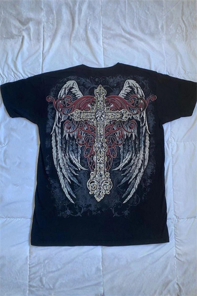 Siyah Vintage Angel Wings Cross Cyber Grunge Unisex Tişört