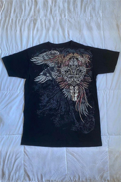 Siyah Vintage Angel Wings Cross Cyber Grunge Unisex Tişört