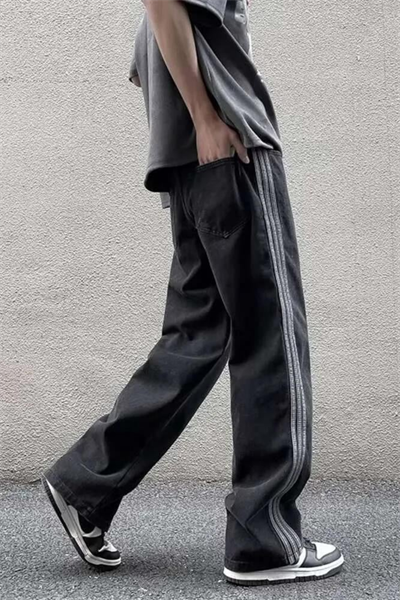 Siyah Vintage Çizgi Detay Eskitme Baggy Pantolon