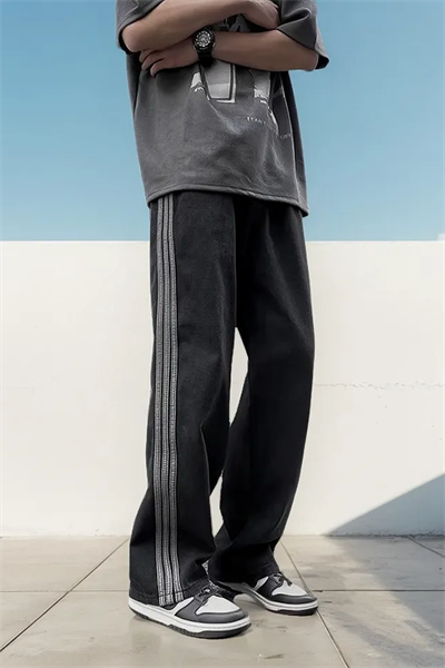 Siyah Vintage Çizgi Detay Eskitme Baggy Pantolon