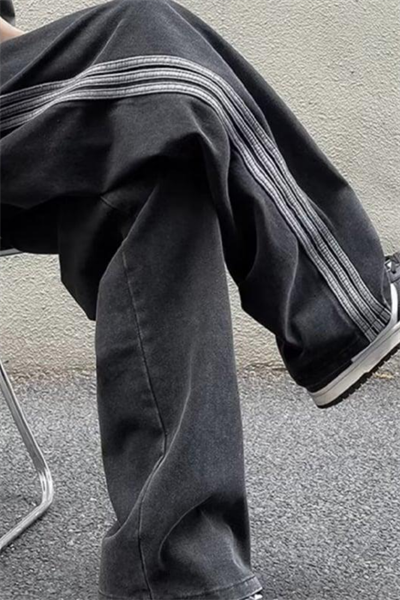 Siyah Vintage Çizgi Detay Eskitme Baggy Pantolon