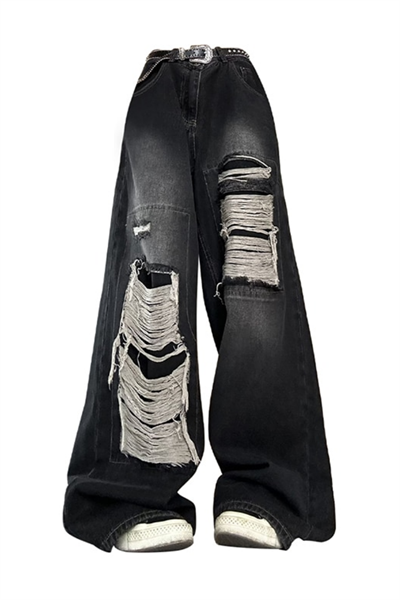 Siyah Wide Leg Aşırı Yırtık Detaylı Siyah Jean