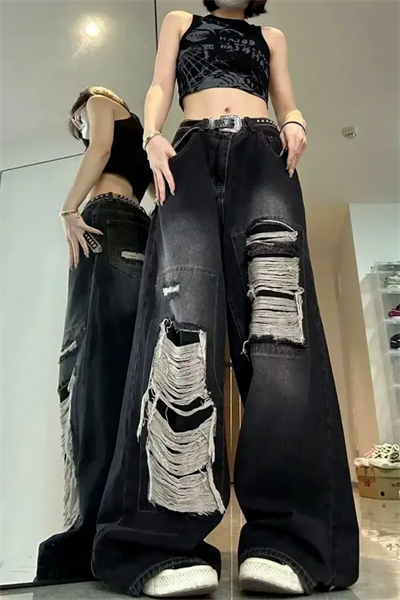 Siyah Wide Leg Aşırı Yırtık Detaylı Siyah Jean