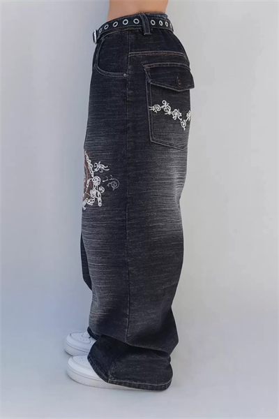 Siyah Yıkamalı P Patchli Vintage Baggy Unisex Y2K Pantolon