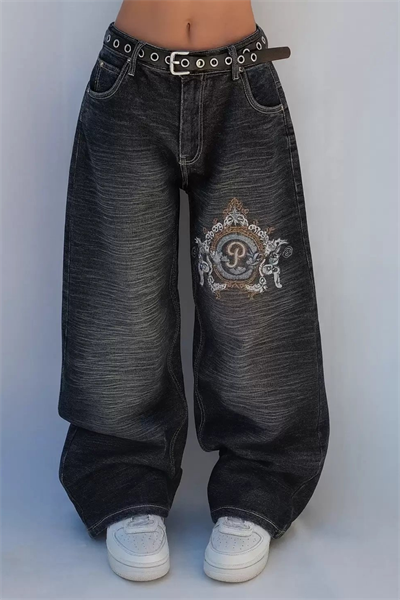 Siyah Yıkamalı P Patchli Vintage Baggy Unisex Y2K Pantolon